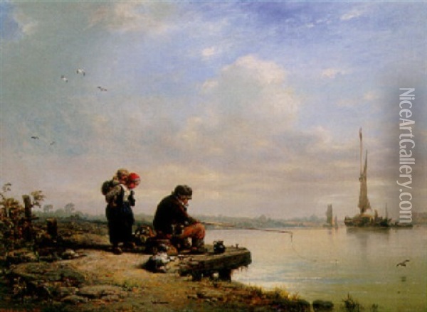 Der Angler Oil Painting - Eduard Hildebrandt