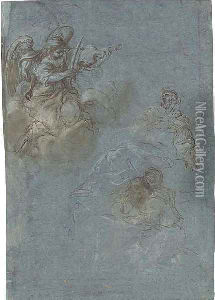 An angel playing a violin and two saints seated among clouds Oil Painting - Roman School