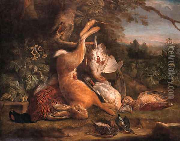 A dead hare hanging from a tree with a dead pheasant, a snipe, a dove, a patridge and dead songbirds on a mossy bank in a landscape Oil Painting - Pieter Andreas Rysbrack
