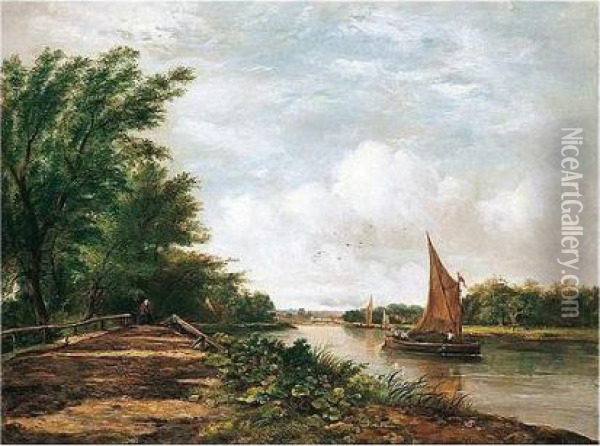 Barges On A River In A Wooded Landscape Oil Painting - Frederick Waters Watts