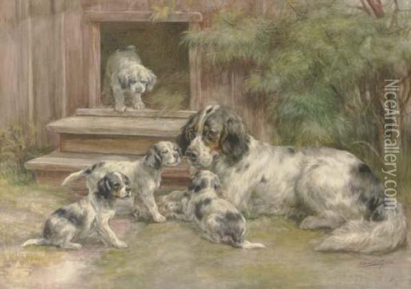 A Setter And Her Puppies Outside A Kennel Oil Painting - Edmund Henry Osthaus
