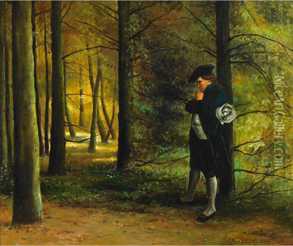 Gentleman Caller Waiting In A Forest Lane Oil Painting - Etienne Prosper Berne-Bellecour