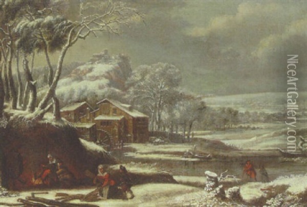 A Winter Landscape With Peasants By A Fire, Watermill Beyond Oil Painting - Jan van Kessel the Elder