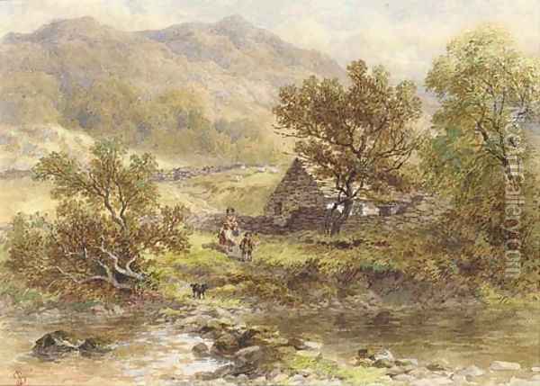 The stepping stones (illustrated); and Driving the cattle home Oil Painting - John Steeple