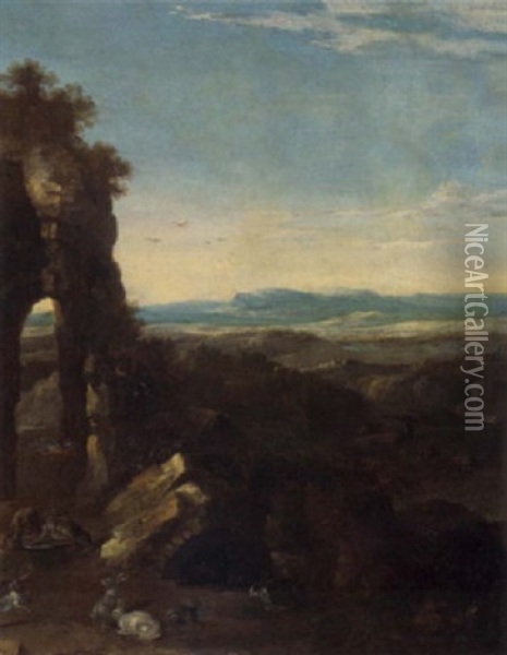 An Extensive Mountainous Landscape With Rabbits, Owls And Other Animals Near A Roman Ruin Oil Painting - Jan Tilens