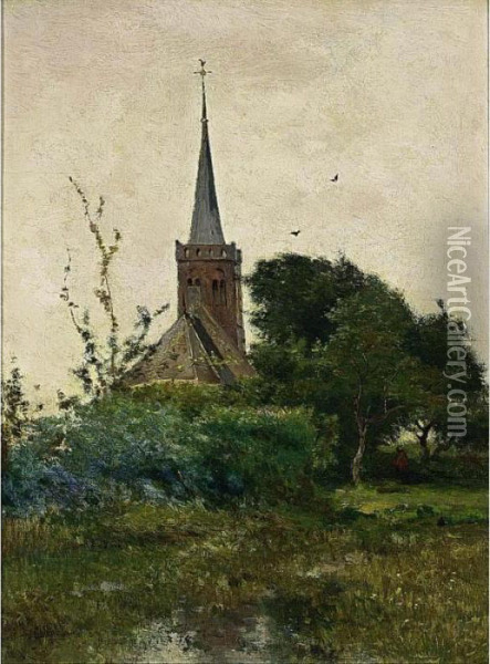 A View Of The Church In Noorden Oil Painting - Paul Joseph Constantine Gabriel