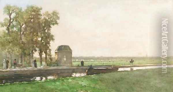 Het theekoepeltje van Cromvliet te Rijswijk a pavilion along a canal Oil Painting - Johan Hendrik Weissenbruch