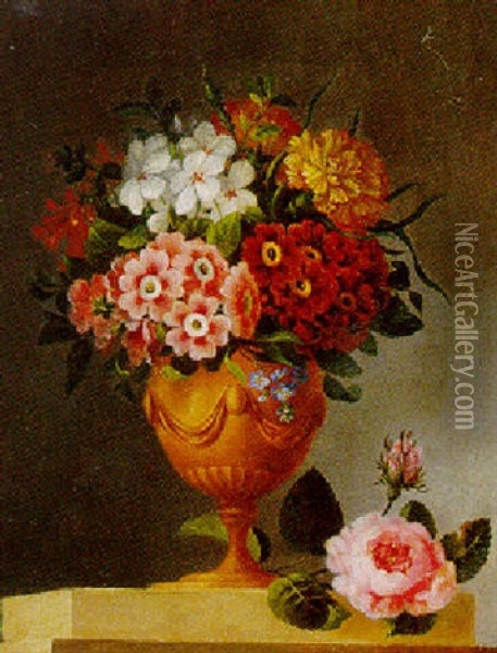 Aurikler Og Nelliker I Louis Xvi Vase Pa En Karm Oil Painting - Christian Strodtmann