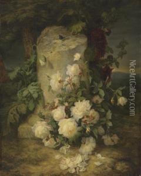 Yellow Roses By A Stone Plinth In A Landscape Oil Painting - Simon Saint-Jean