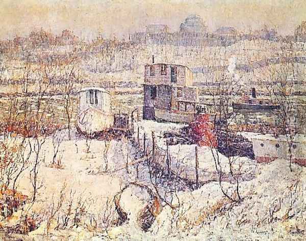Boathouse, Winter, Harlem River Oil Painting - Ernest Lawson