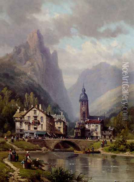An Agler Before An Alpine Riverside Town Oil Painting - Charles Euphrasie Kuwasseg, Jr.