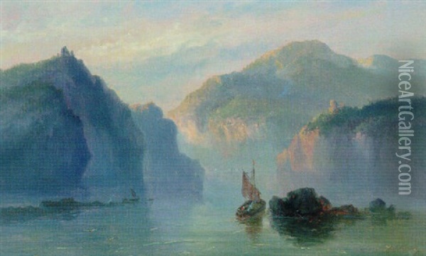 A Mountainous River Landscape With A Sailboat At Dusk Oil Painting - Josefus Gerardus Hans