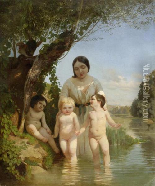 Mother With Three Children At A River Oil Painting - Ludwig Knaus