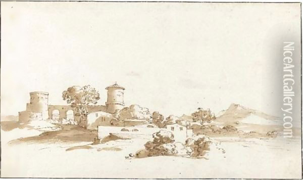 Campagna Landscape With A Castle And Farm Building Oil Painting - Jan de Bisschop