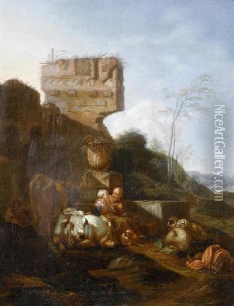Shepherd Couple With Flock Before A Landscape With Ruins Oil Painting - Nicolaes Berchem