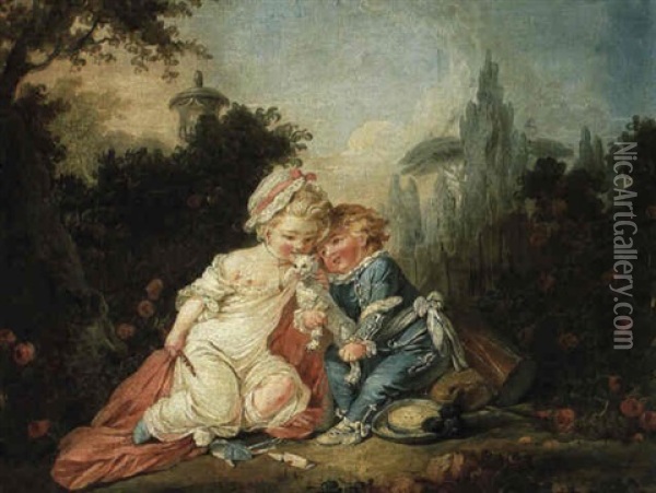 Deux Enfants Jouant Avec Un Chat Dans Un Parc Oil Painting - Jean Baptiste Huet