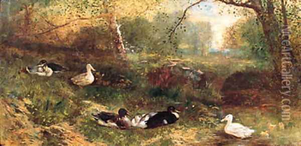 A Duck with her Ducklings Oil Painting - James Crawford Thom