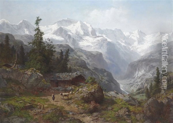 A View Of Lauterbrunnen With The Eiger, Monch And Jungfrau Mountains In The Distance Oil Painting - Joseph Nikolaus Butler