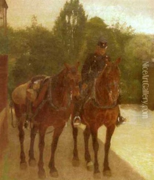 Portrait Of A Soldier On Horseback Leading Another Horse Oil Painting - Soren Jorgensen Lund