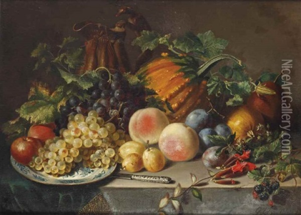 An Abundant Fruit Still Life With Grapes, Apples, Peaches, Prunes And A Pumpkin Oil Painting - Georgius Jacobus Johannes van Os