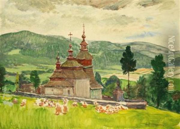 The Church In Tysova In The Sub-carpathian Ukraine Oil Painting - Antonin Hudecek