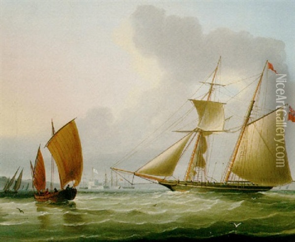 A Schooner And Other Shipping Oil Painting - Thomas Buttersworth