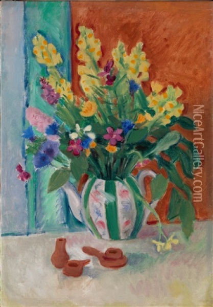 Still Life With Wildflowers In A Teapot And Clay Toys Oil Painting - Nikolai Andreevich Tyrsa