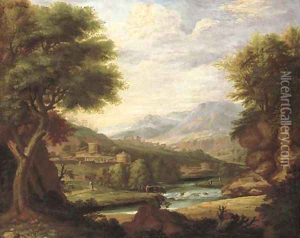 An extensive classical Italianate landscape with figures by a river, a town beyond Oil Painting - Jan Joost Von Cossiau