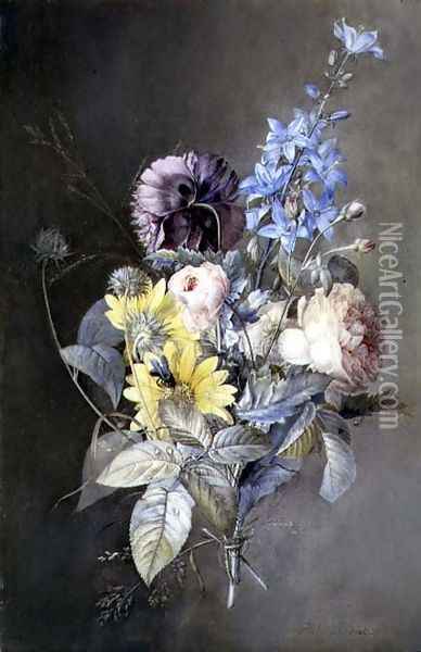 Bouquet of flowers with roses, peonies, delphiniums and daisies Oil Painting - Pierre-Joseph Redoute