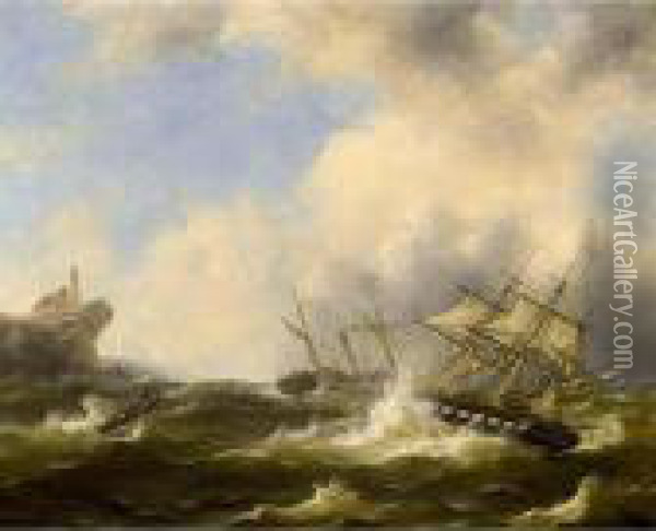 A Threemaster In Distress Oil Painting - Govert Van Emmerik
