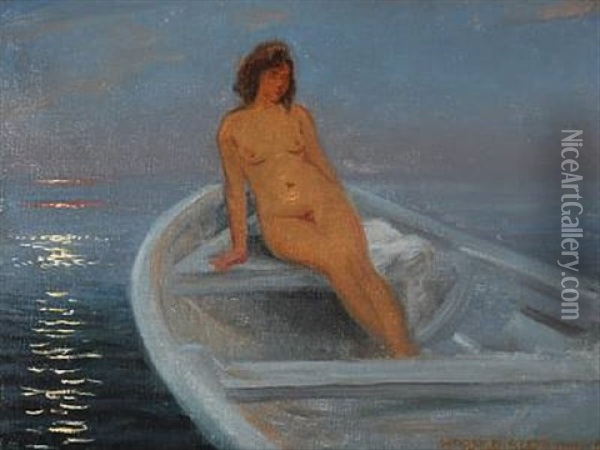 A Nude Female In A Rowboat At Sunset Oil Painting - Harald Slott-Moller