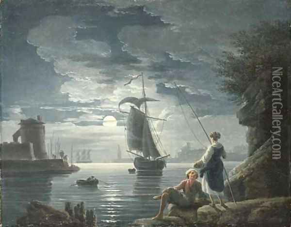 A rocky harbour by moonlight with a peasant couple conversing in the foreground Oil Painting - Claude-joseph Vernet