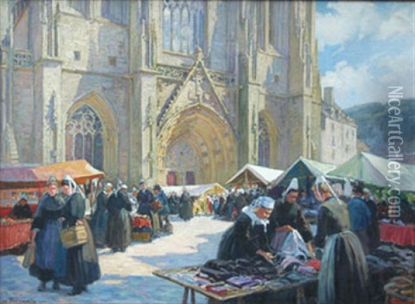 Jour De Marche A Quimper, Place St. Corentin Oil Painting - Henri Alphonse Barnoin
