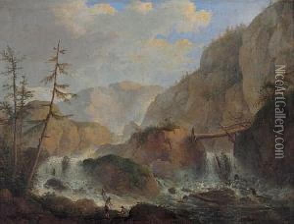 Krajobraz Idealny Z Wodospadem, 1839 R. Oil Painting - Antoni Lange