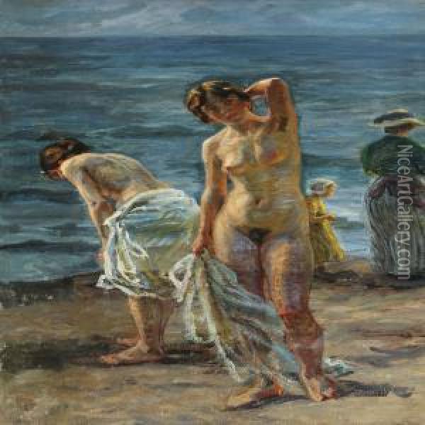 Bathing Women On A Beach Oil Painting - Johannes Martin Fastings Wilhjelm