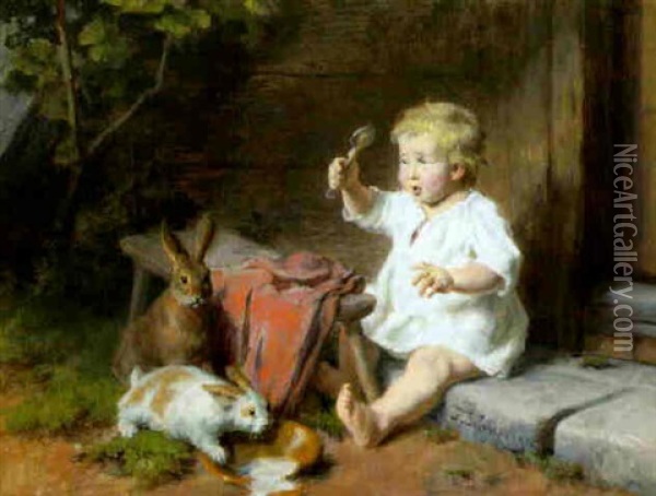 Ein Kleines Madchen Teilt Unfreiwillig Seine Milch Mit Zwei Vorwitzigen Hasen Oil Painting - Felix Schlesinger