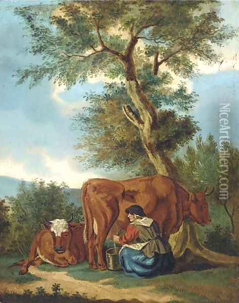 Milking the cow Oil Painting - Dutch School