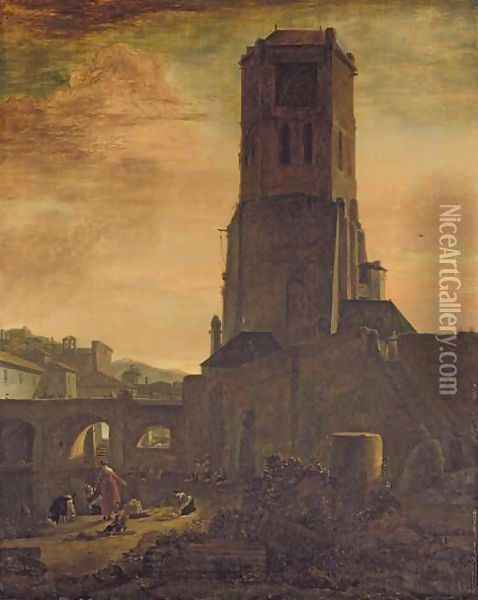 Washerwomen at the Foot of a Tower Oil Painting - Thomas Wyck