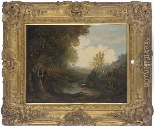 Cattle Watering In A Wooded River Landscape Oil Painting - Richard Wilson