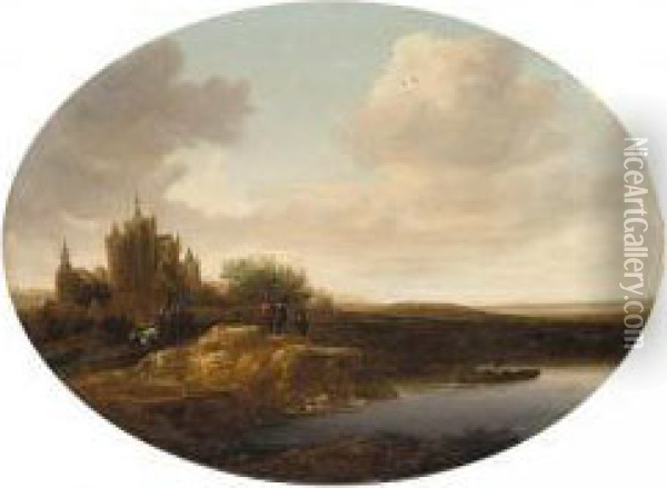 River Landscape With A Horse-drawn Cart And Figures On A Bank, A Fisherman Nearby Oil Painting - Jan Coelenbier