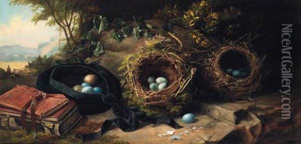 Books, A Tam O'shanter, Bird's Eggs And Nests, In A Highlandlandscape Oil Painting - James Russell Ryott