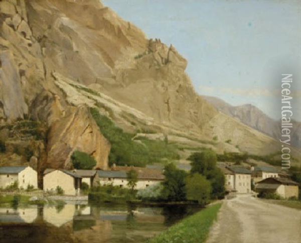 A Village In An Alpine Valley Oil Painting - Ludwig Deutsch