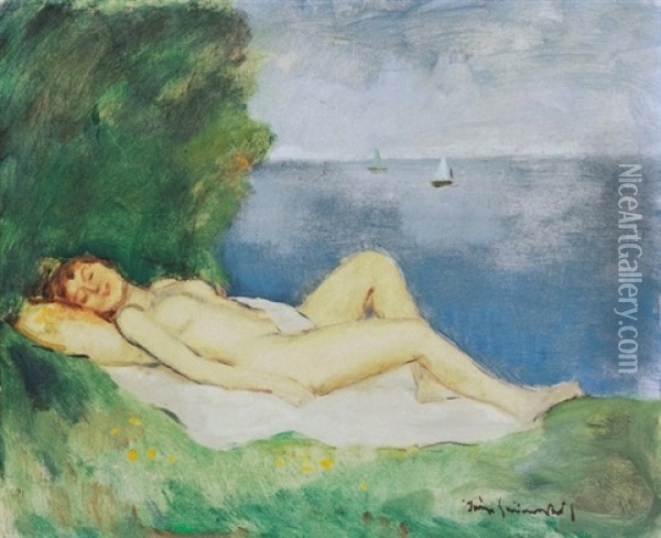 Akt Vizparton - Nude By The Waterside Oil Painting - Bela Ivanyi Gruenwald