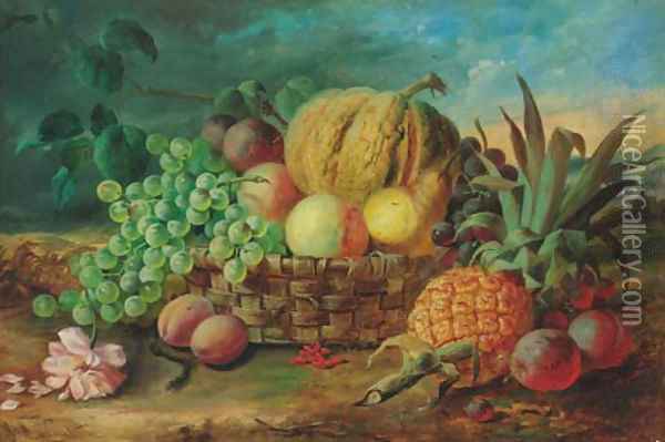 Grapes, plums, peaches and a wicker basket Oil Painting - James Poulton