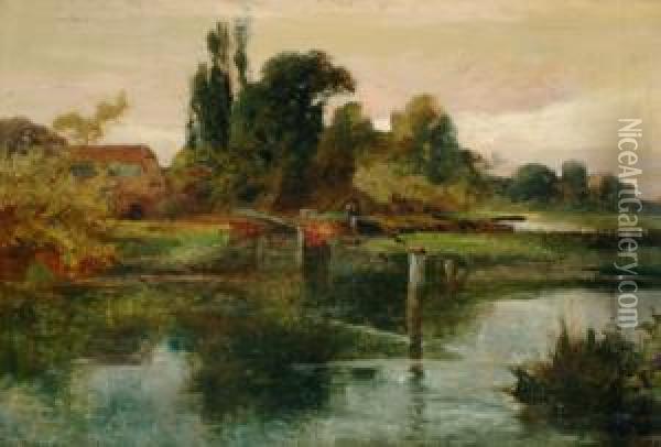 Figure In A River Landscape Oil Painting - John Horace Hooper