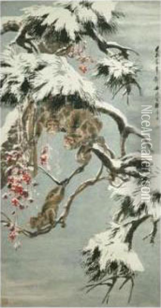 Apes Among Snowy Pines Oil Painting - Cheng Zhang