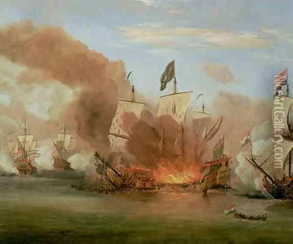 The Burning of The Royal James at the Battle of Sole Bank, 6th June 1672 Oil Painting - Willem van de Velde the Younger