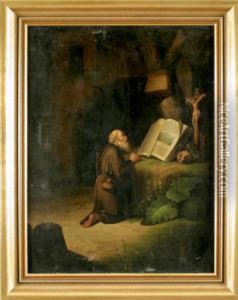 Betender, Knieender Monch Voraltem Stadttor Oil Painting - Johann Heinrich Stobwasser