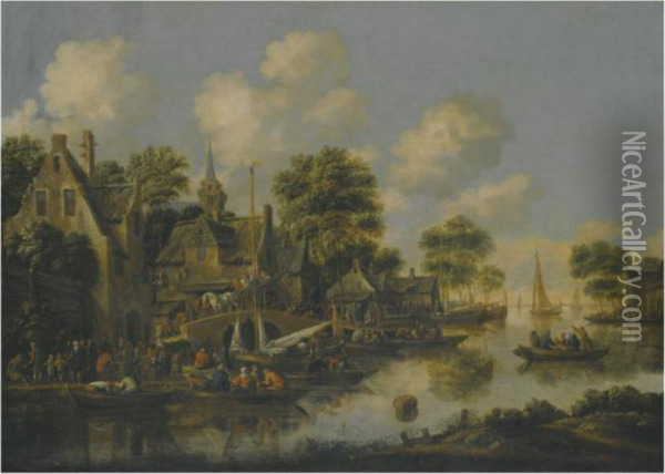 A River Landscape With Figures Unloading Their Boats Beside A Busy Village Oil Painting - Thomas Heeremans