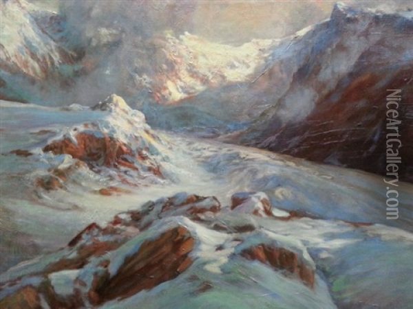 Le Glacier En Haute Montagne Oil Painting - Licinio Barzanti